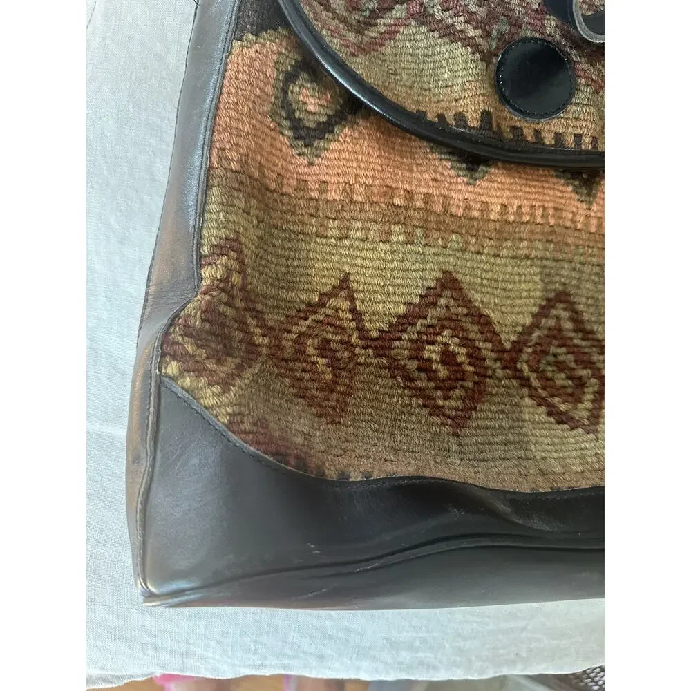 Vintage Purse Woven Jute Leather Crossbody Black Brown Rug Kilim Messenger Bag - Picture 7 of 16